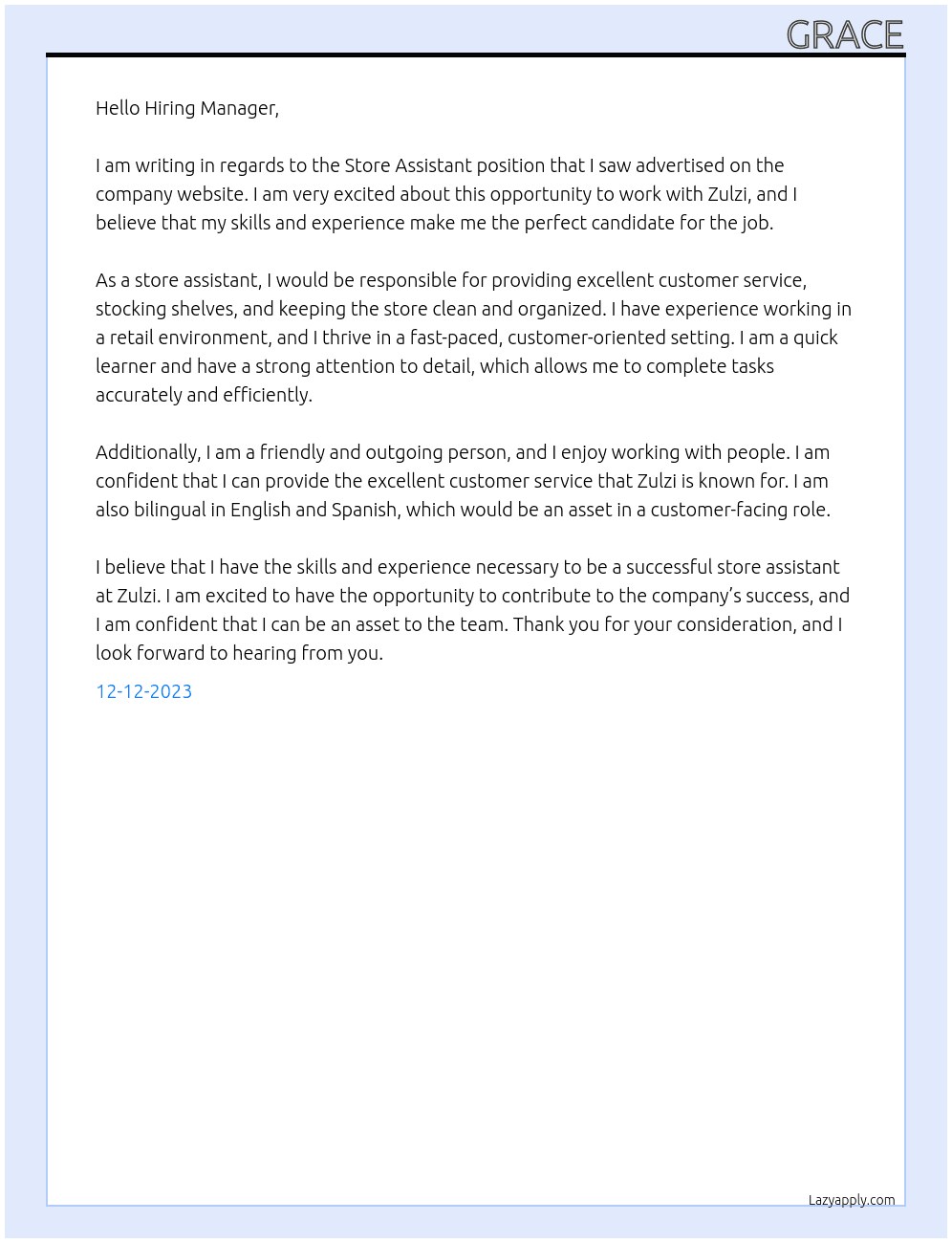 Store Assistant  At Zulzi Cover Letter