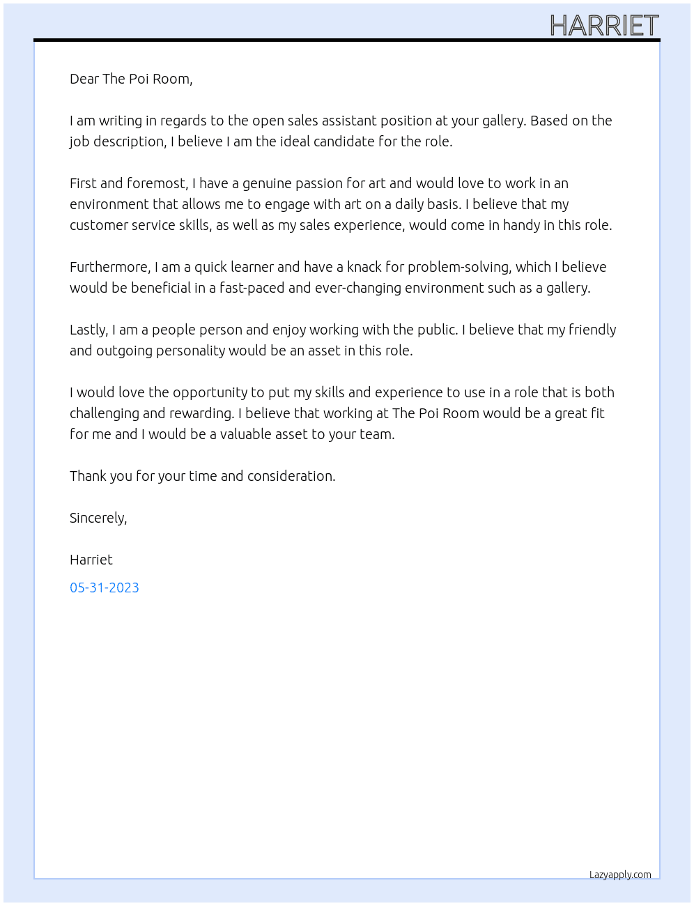 Gallery sales assistant At The Poi Room Cover Letter
