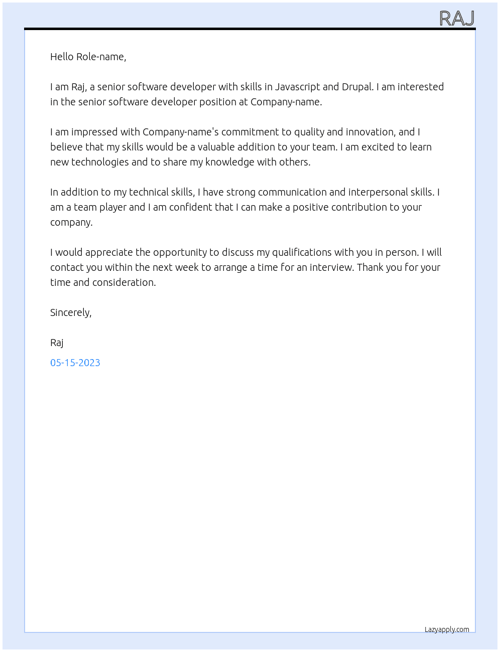 Senior software developer  At Company-name Cover Letter