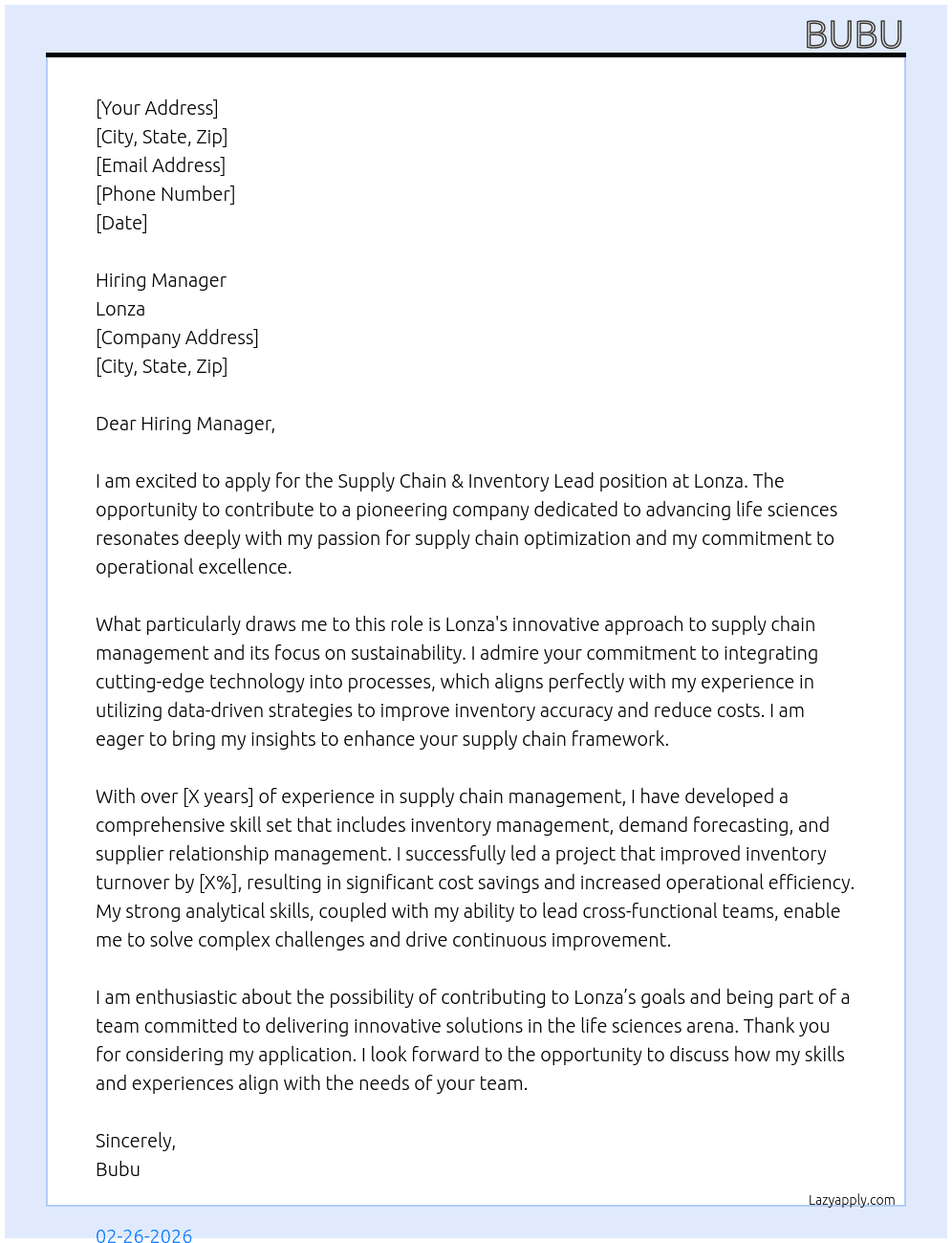 Supply Chain & Inventory Lead, Advanced Synthesis At Lonza Cover Letter