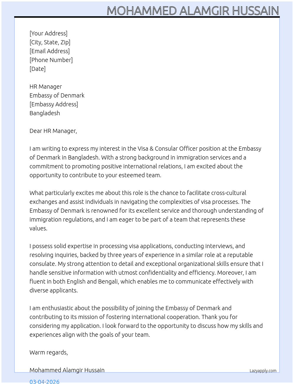 Visa & Consular Officer At Embassy of Denmark, Bangladesh Cover Letter