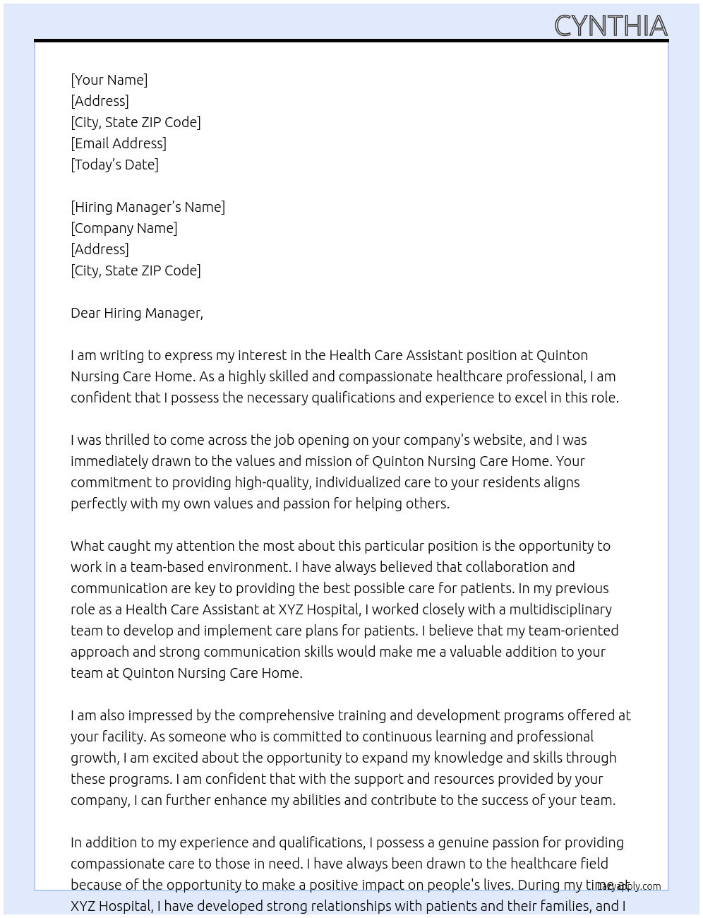 Health care Assistant At Quinton nursing care home Cover Letter