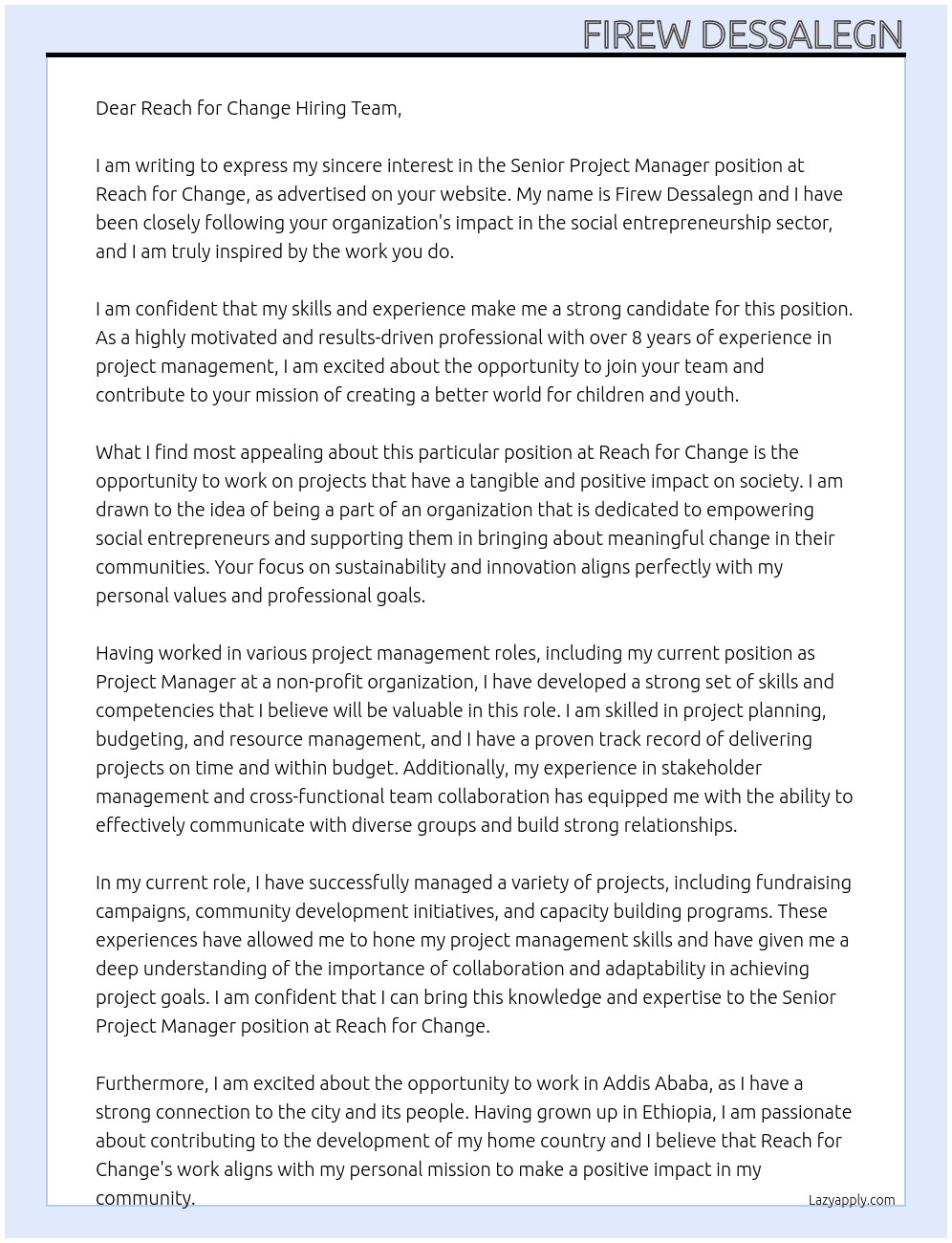 Senior Project Manager At Reach for Change  Cover Letter
