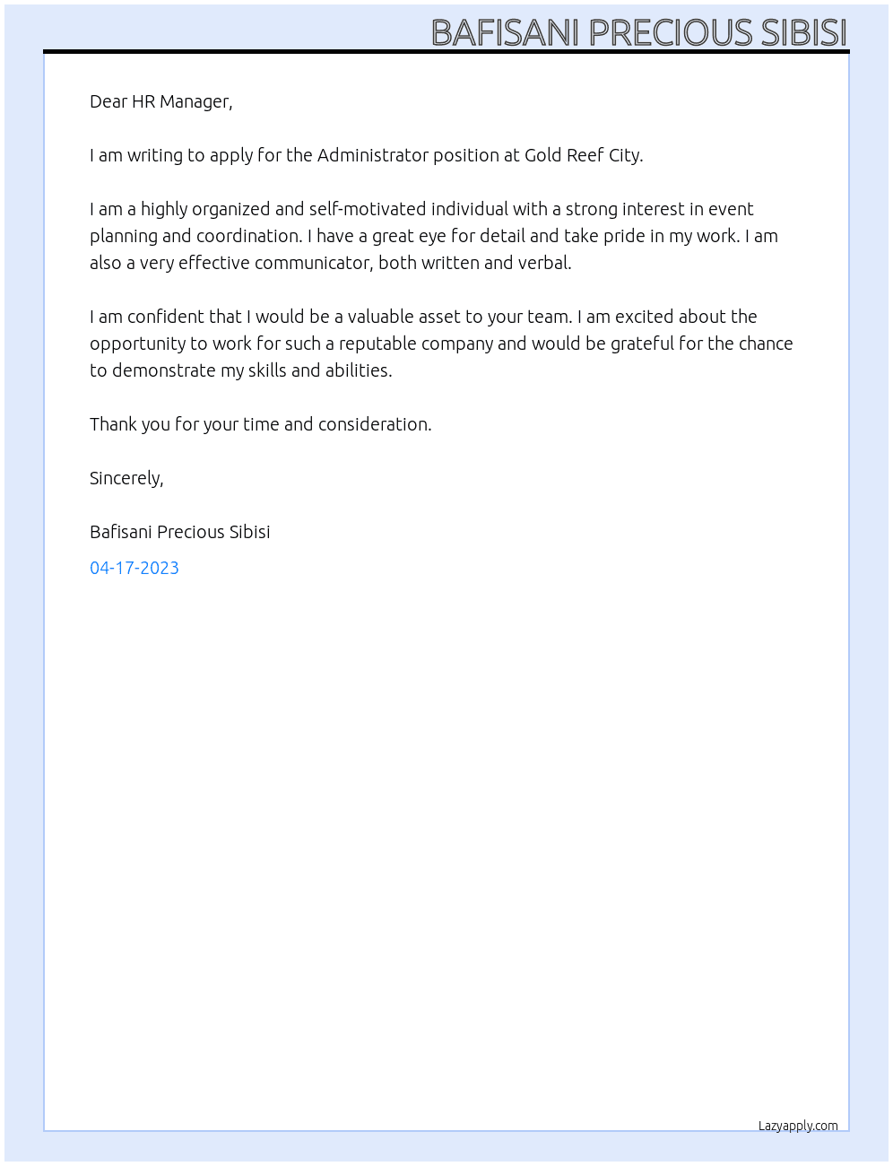 Administrator At Gold Reef City Cover Letter