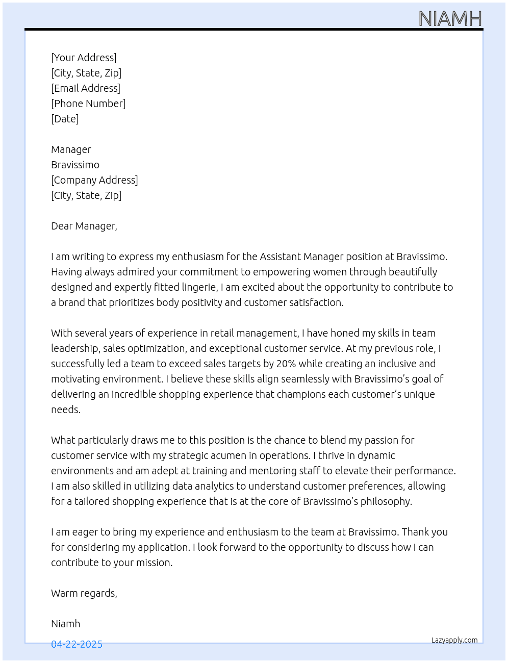Assistant manager  At Bravissimo  Cover Letter