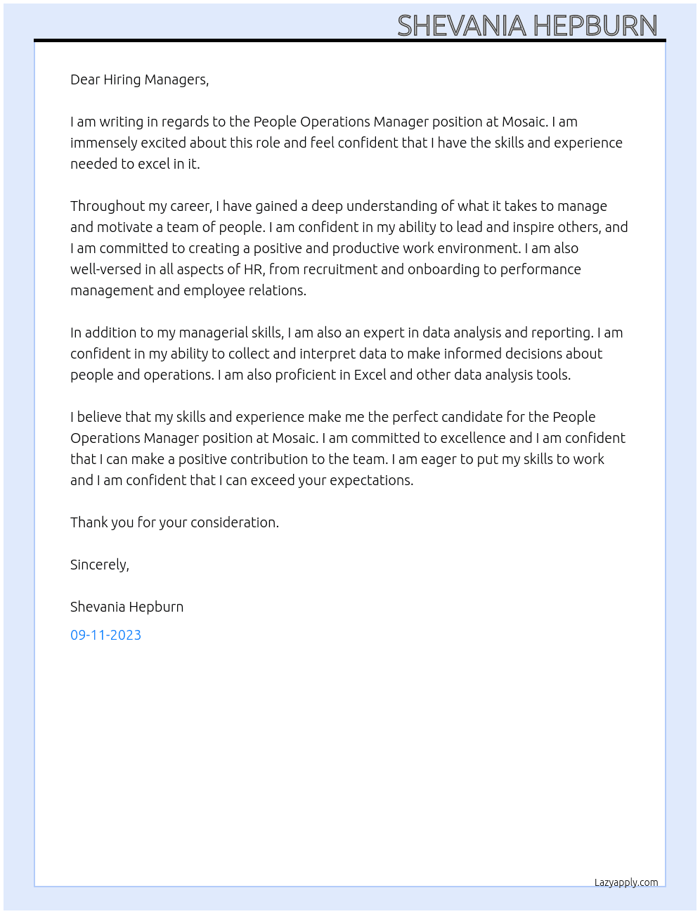 People Operations Manager At Mosaic Cover Letter