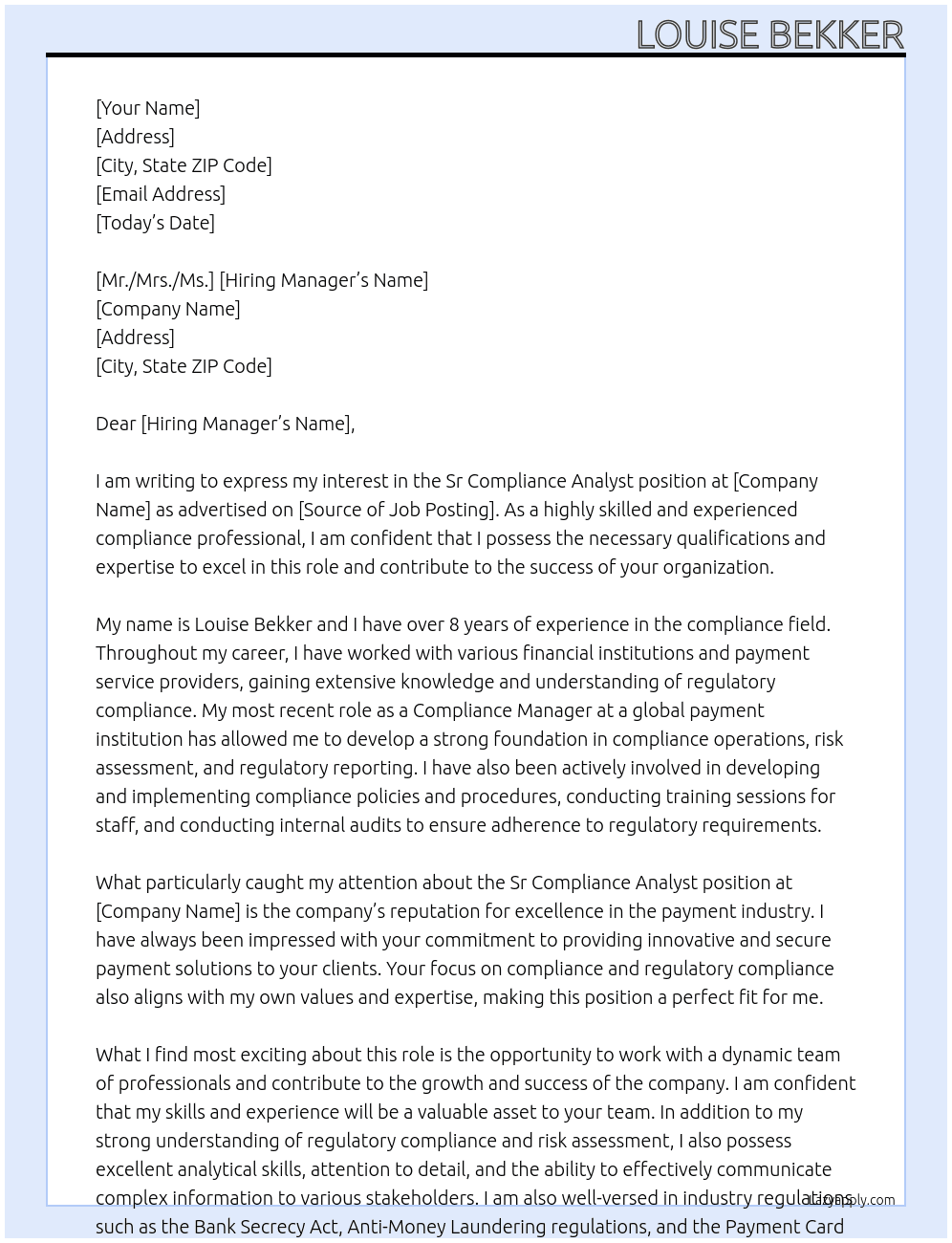 Sr Compliance Analyst At Payment Institution Cover Letter