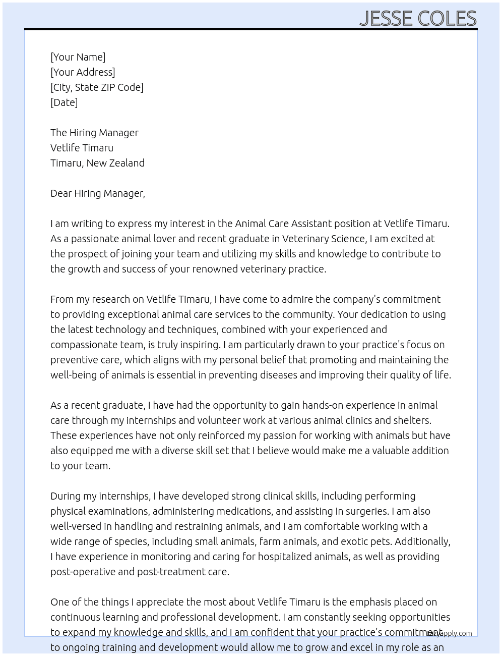 Animal Care Assistant At Vetlife Timaru Cover Letter