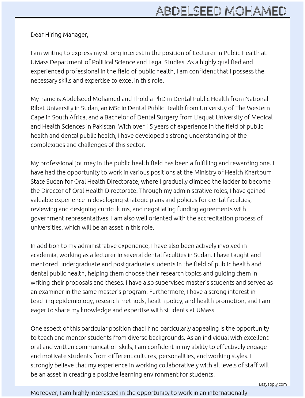 Cover letter for lecturer - public health - LazyApply