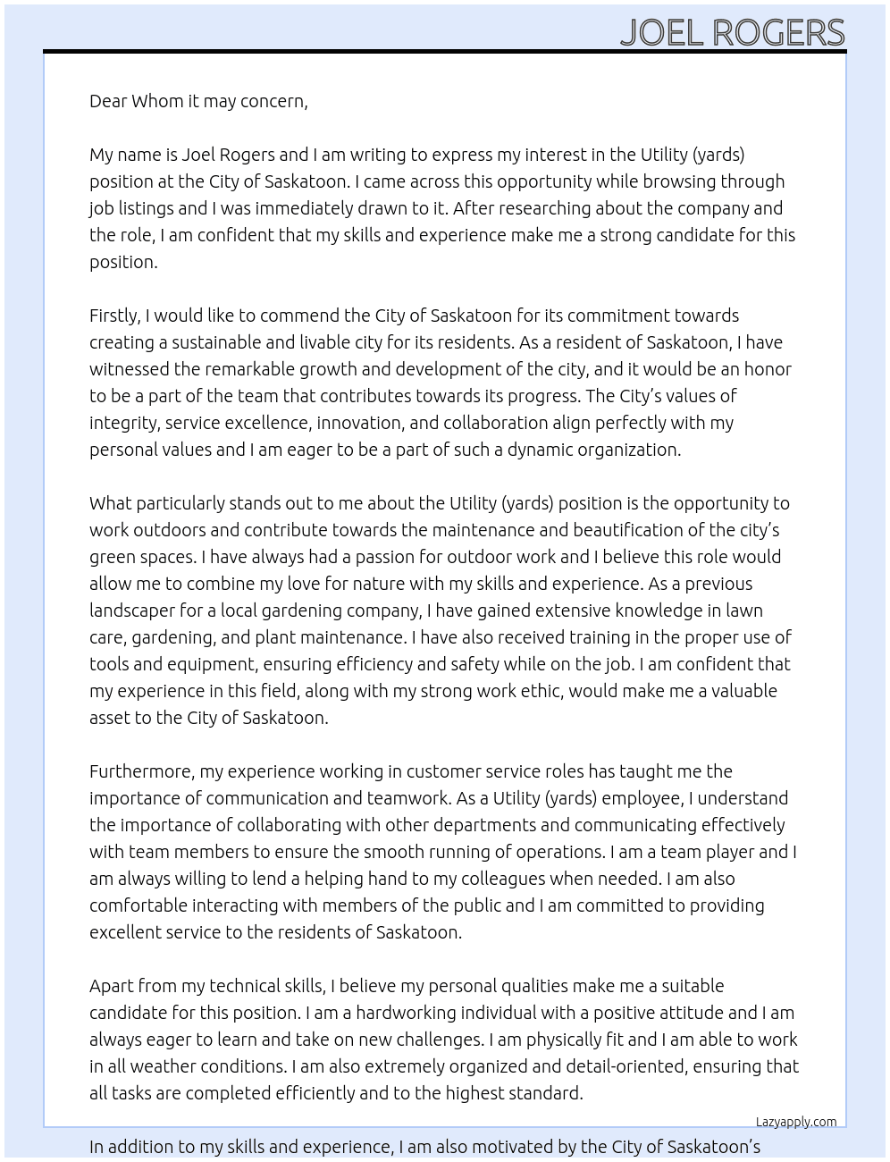 Utility (yards) At City of Saskatoon Cover Letter