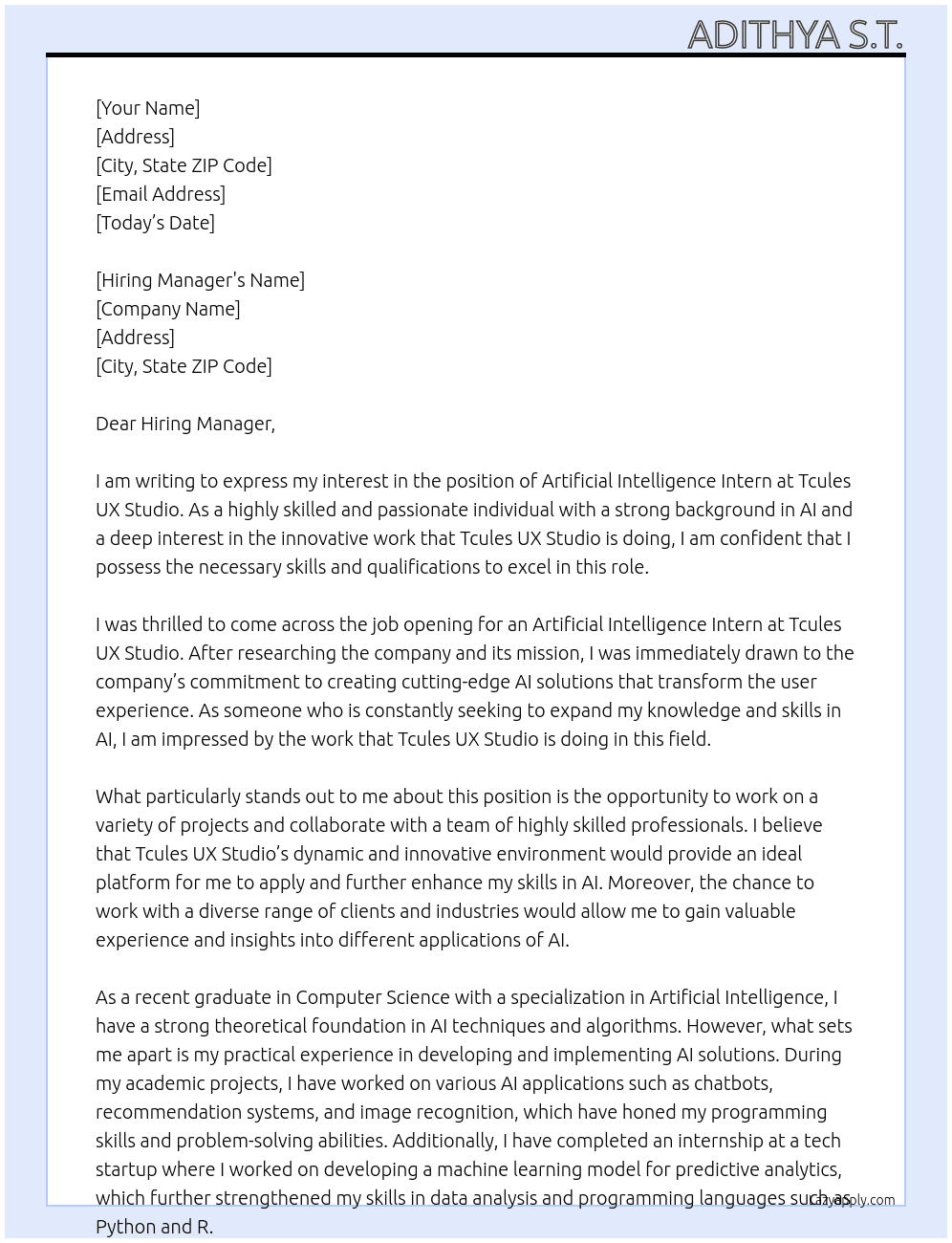 Artificial Intelligence Intern At Tcules UX Studio Cover Letter