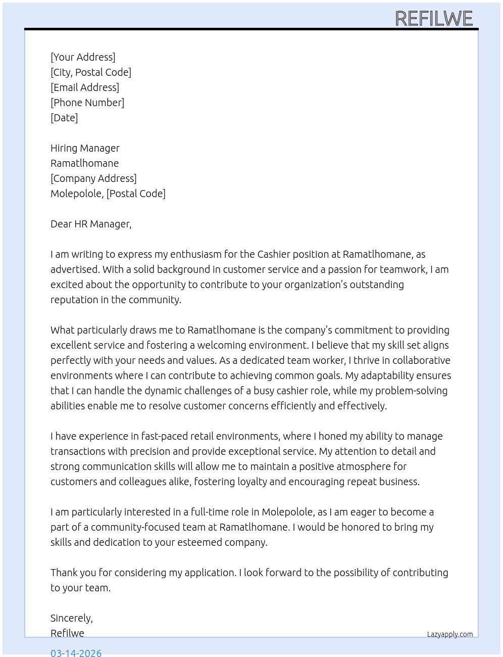 Cashier At Ramatlhomane Cover Letter