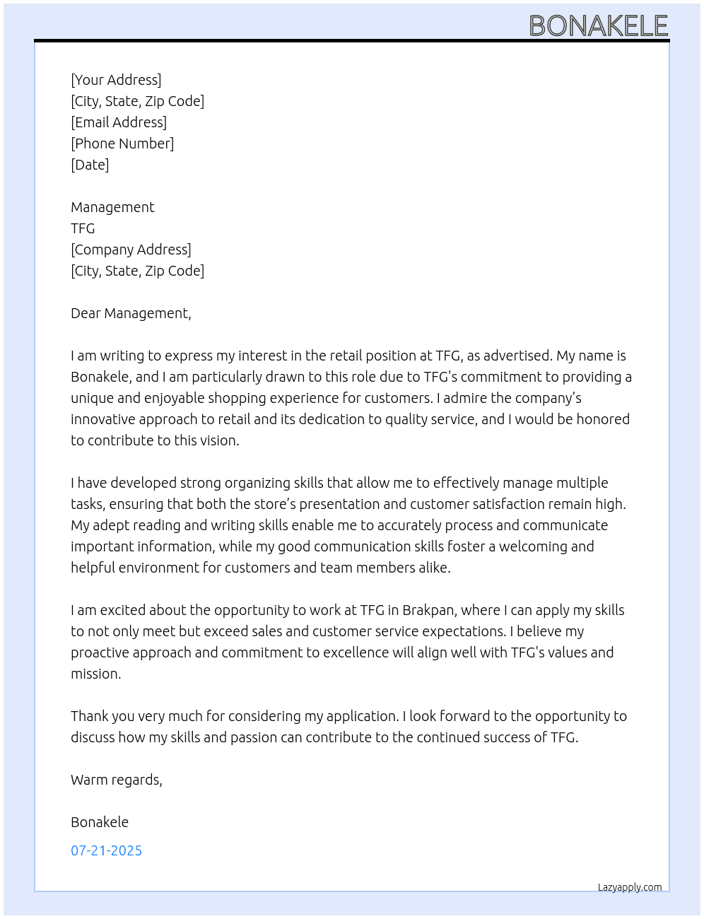 Retail At TFG Cover Letter