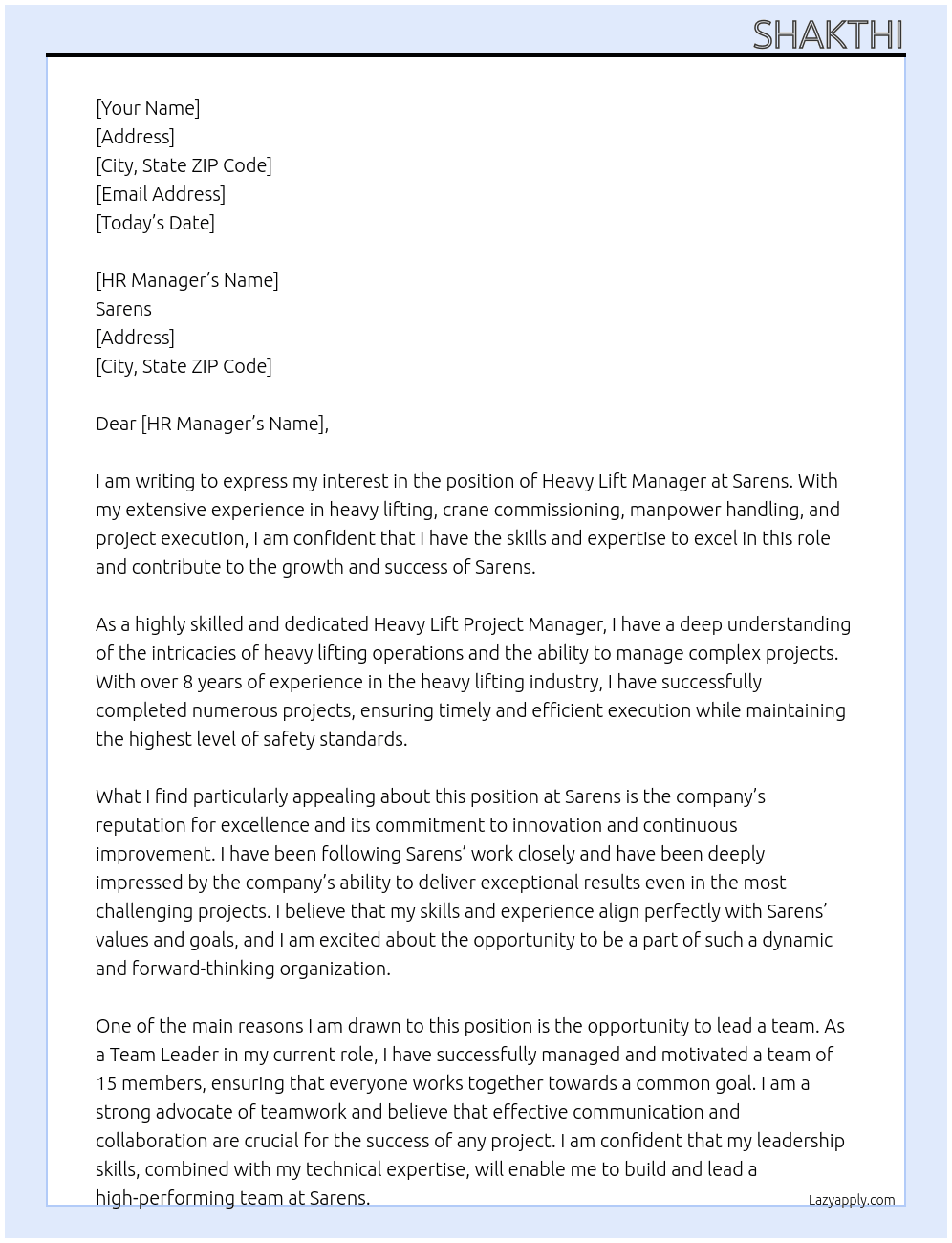 Heavy lift manager At Sarens Cover Letter
