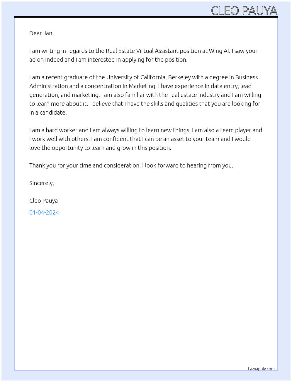 Real estate virtual assistant At Wing AI Cover Letter