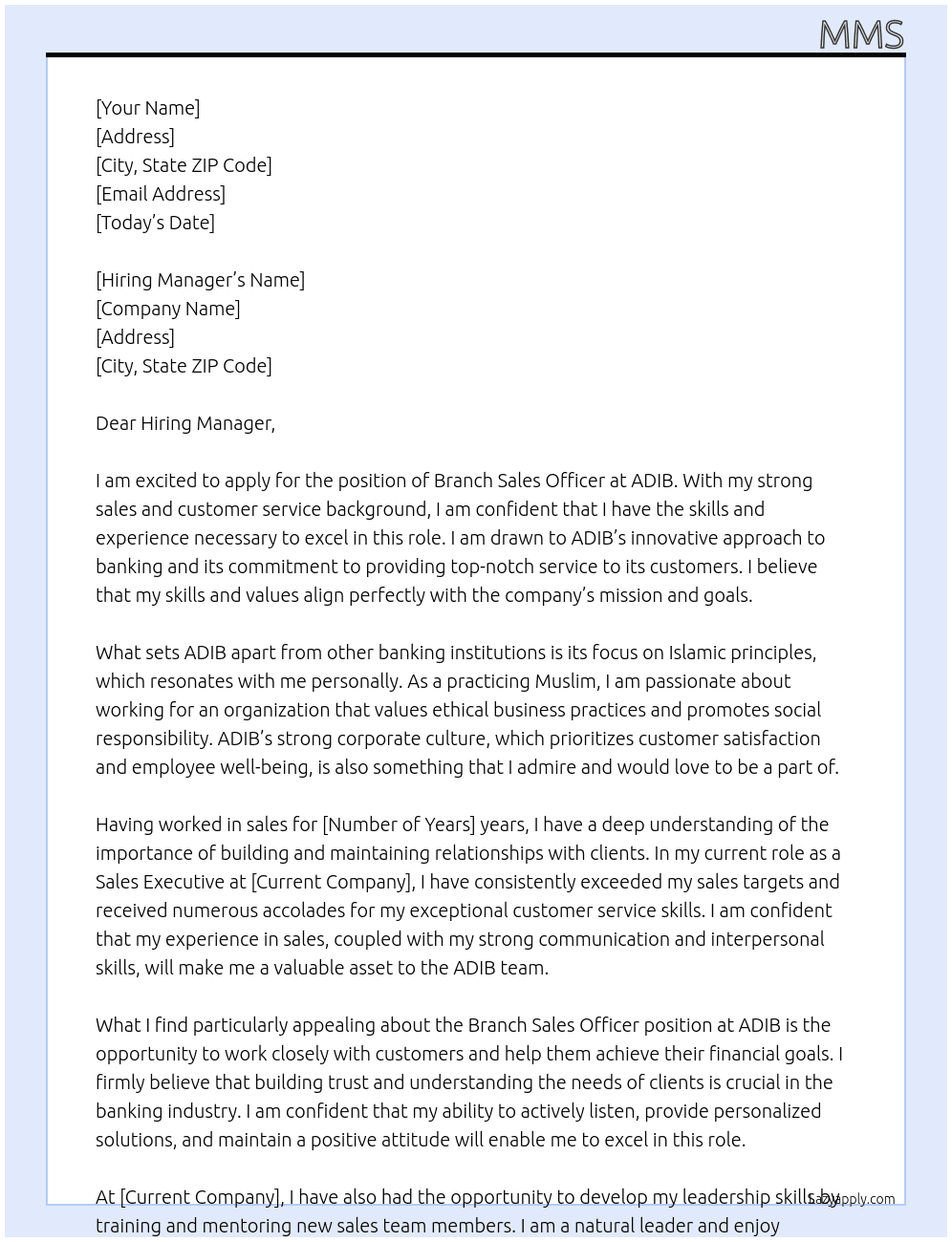 Branch sales officer  At ADIB Cover Letter