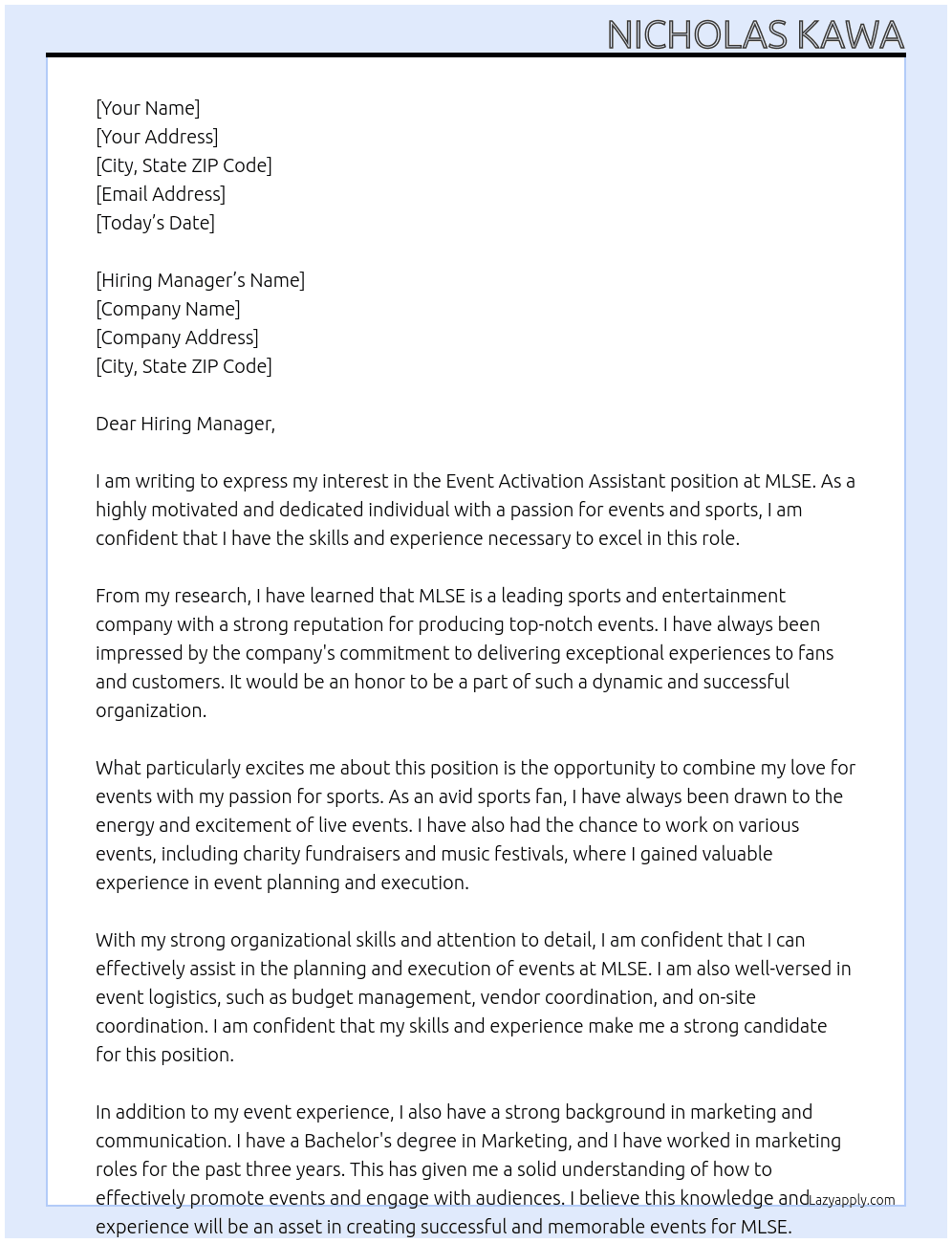 Event Activation Assistant At MLSE Cover Letter