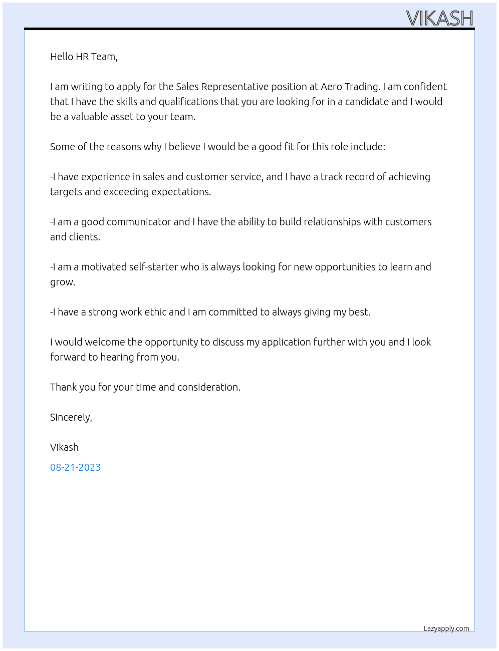 Sales Representative  At Aero Trading Cover Letter