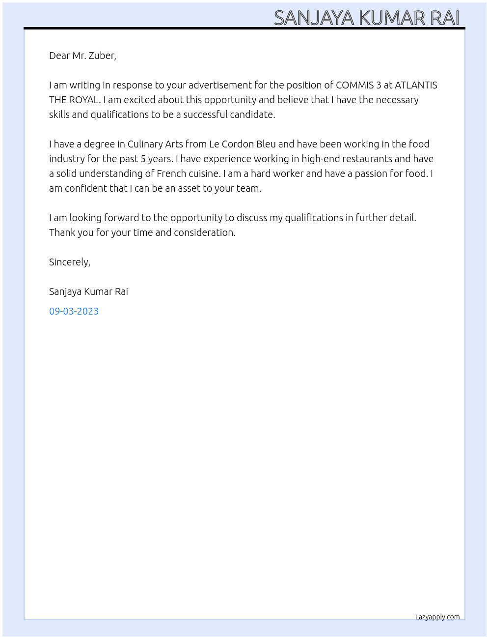 COMMIS 3  At ATLANTIS THE ROYAL Cover Letter