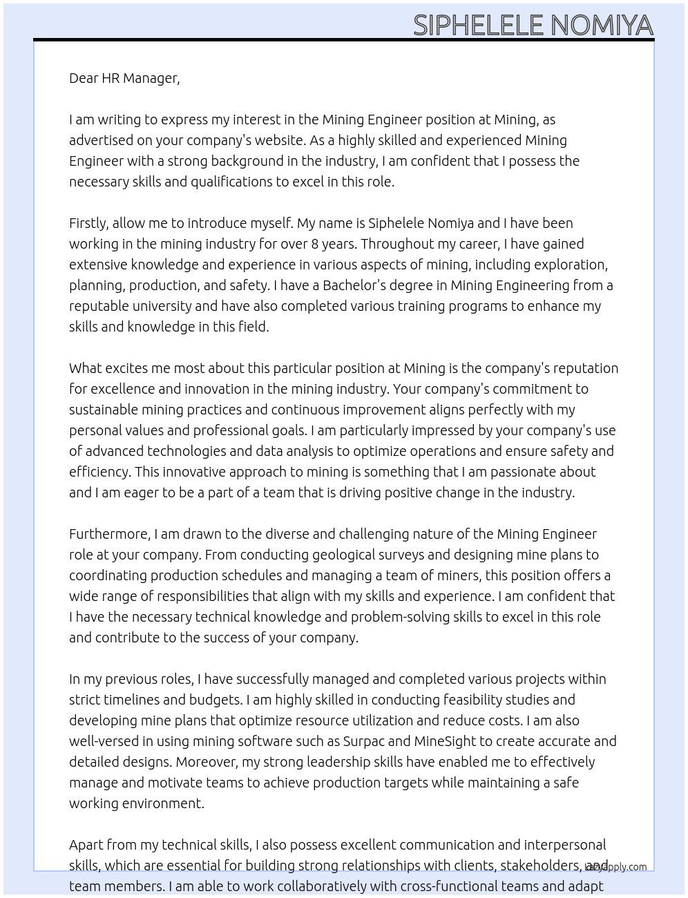 Mining Engineerr At Mining Cover Letter