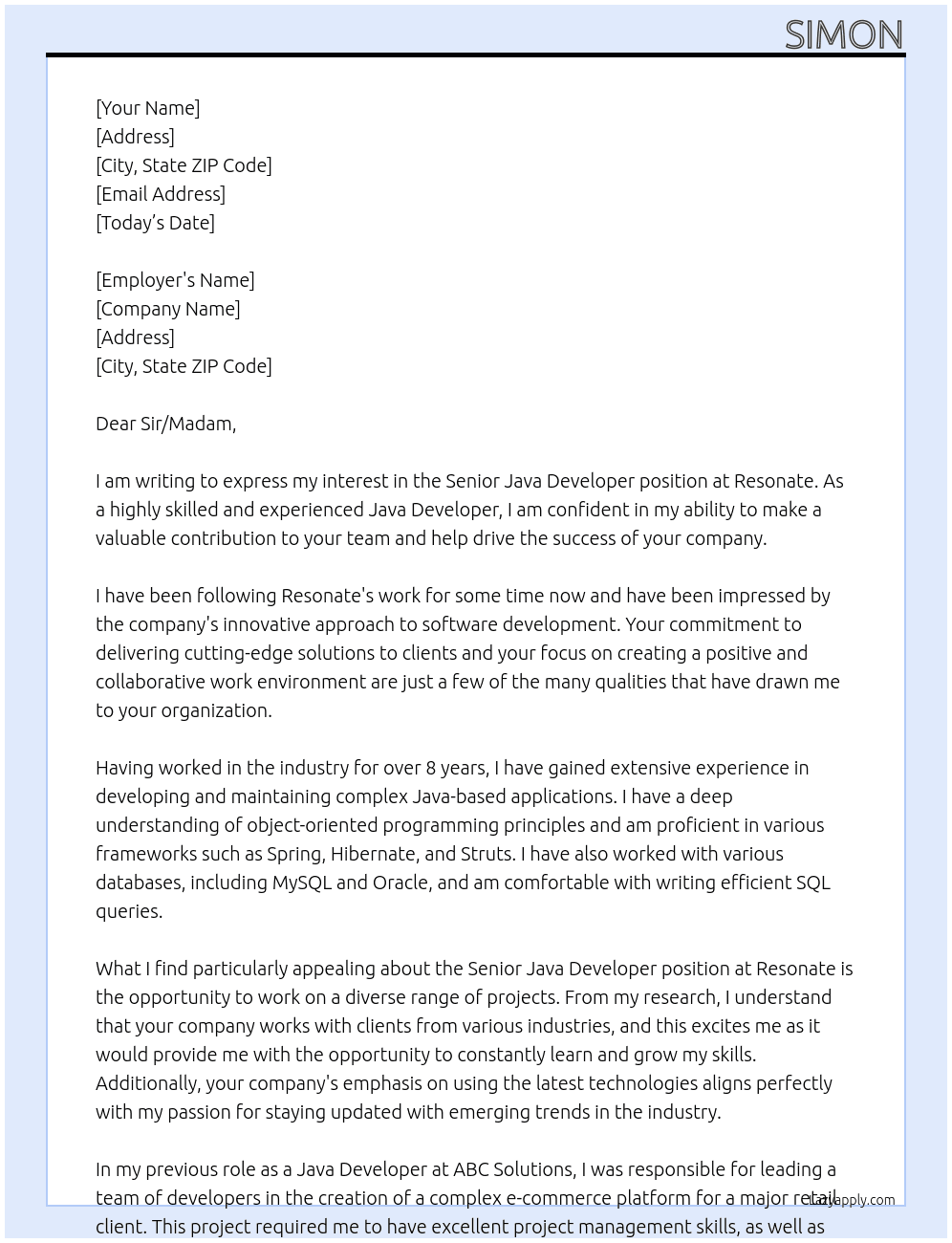 Senior Java Developer At Resonate Cover Letter