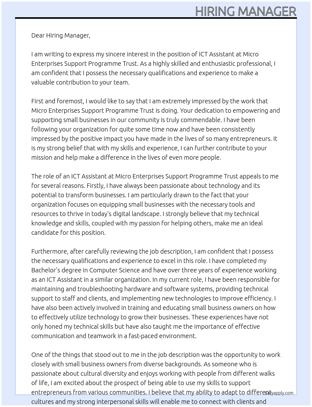 ICT Assiatant At micro enterprises support programme trust Cover Letter