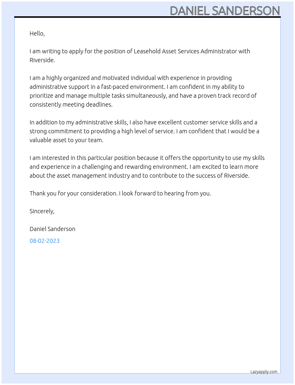 Leasehold Asset Services Administrator At Riverside Cover Letter