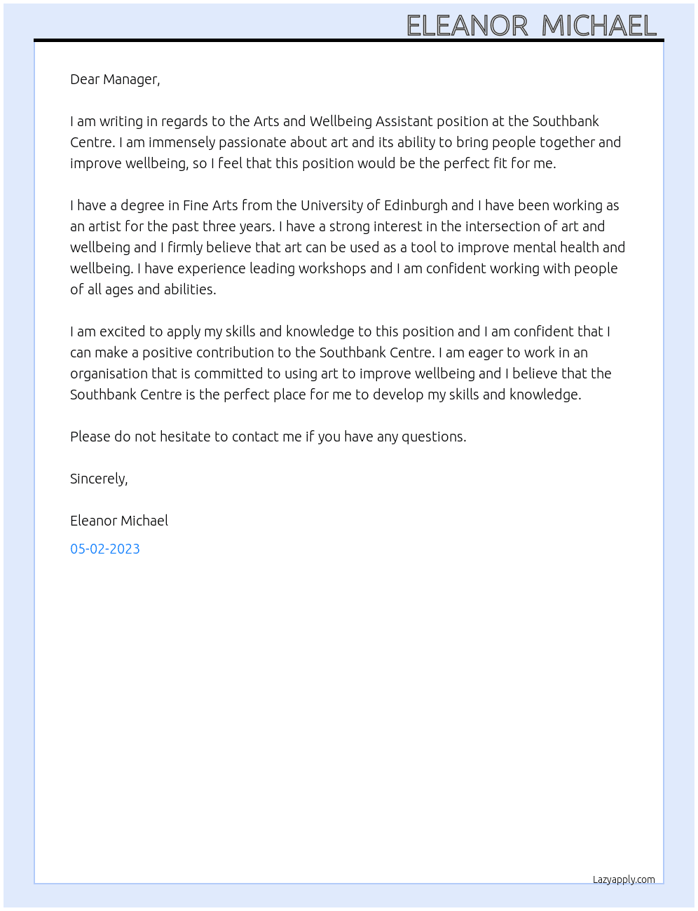 Arts and wellbeing assistant  At Southbank centre  Cover Letter