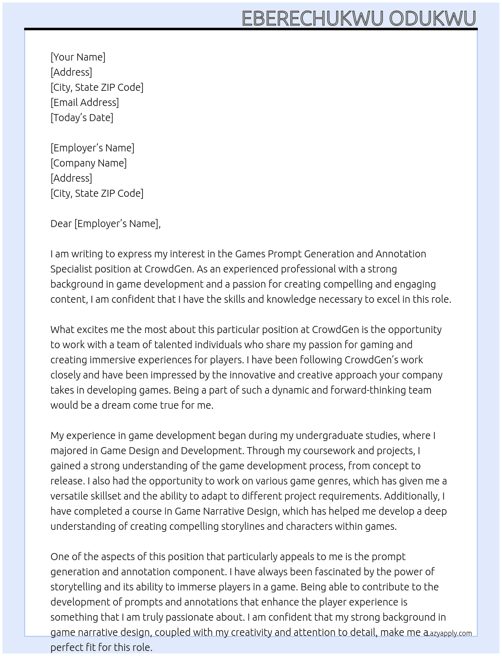 Games Prompt Generation and Annotation Specialist At CrowdGen Cover Letter