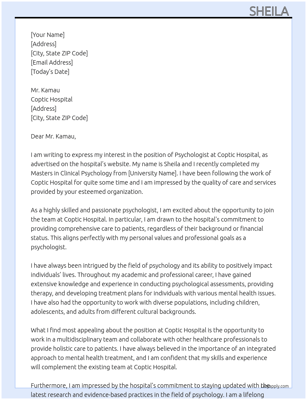 PSYCHOLOGIST At COPTIC HOSPITAL Cover Letter