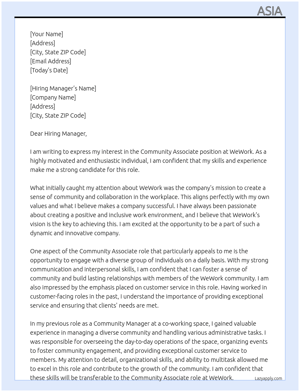 Community Associate At WeWork Cover Letter