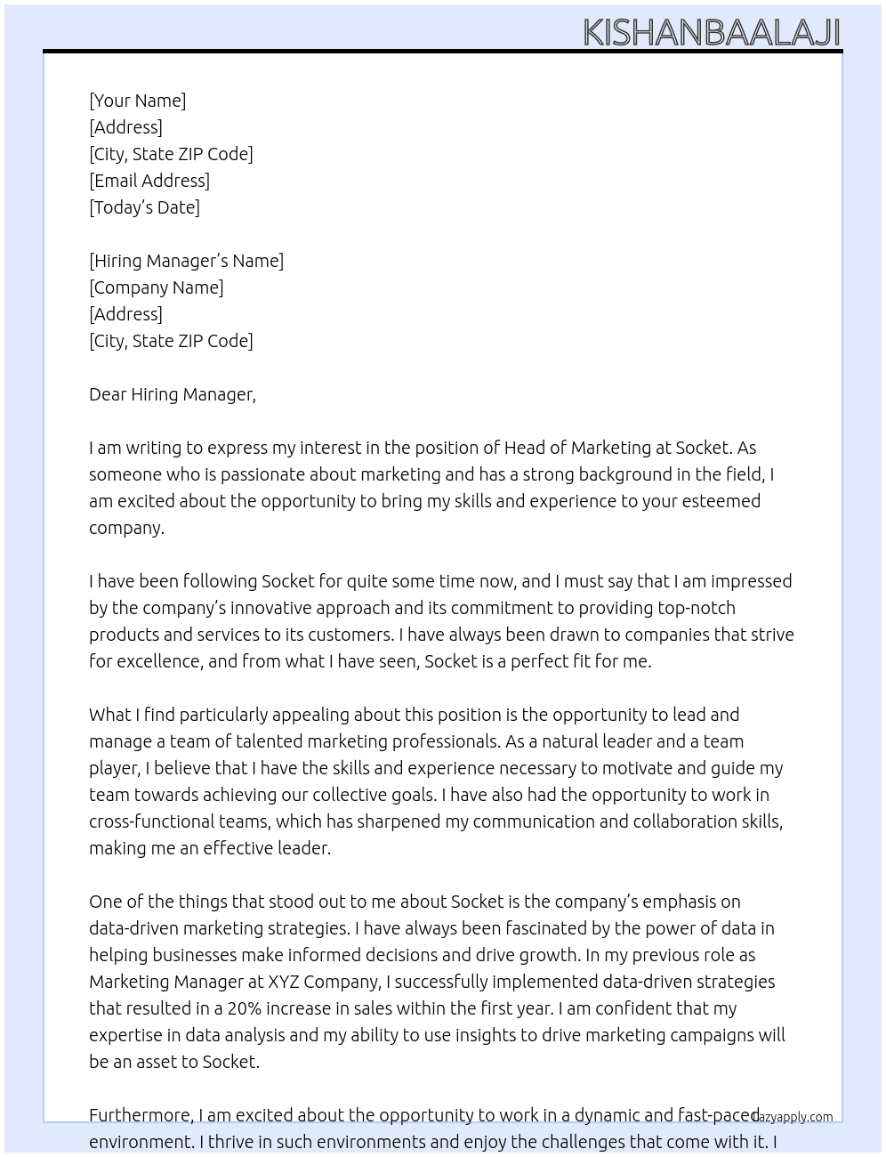 Head of Marketing At Socket Cover Letter