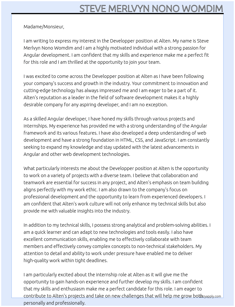 Developper At Alten Cover Letter