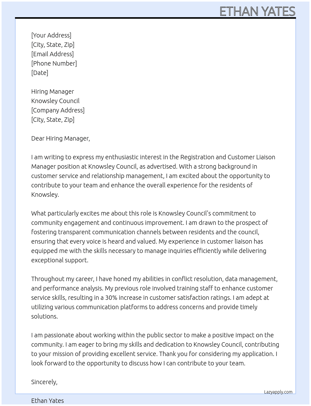  Registration and Customer Liaison Manager At Knowsley Council Cover Letter