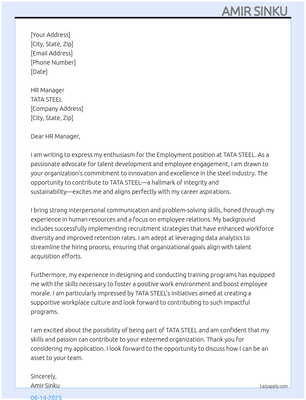 Cover letter for employment - LazyApply