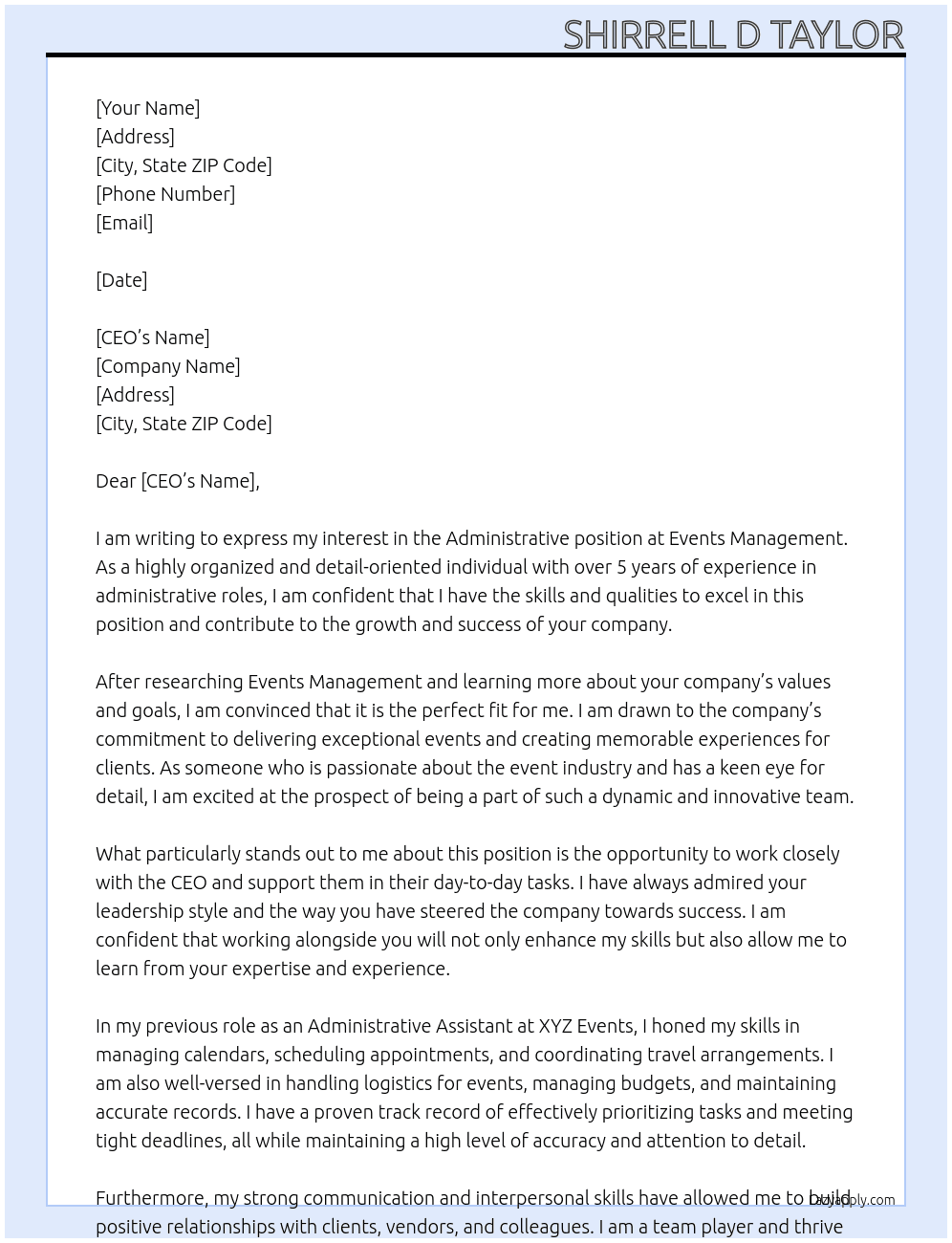 Administrative  At Events management  Cover Letter