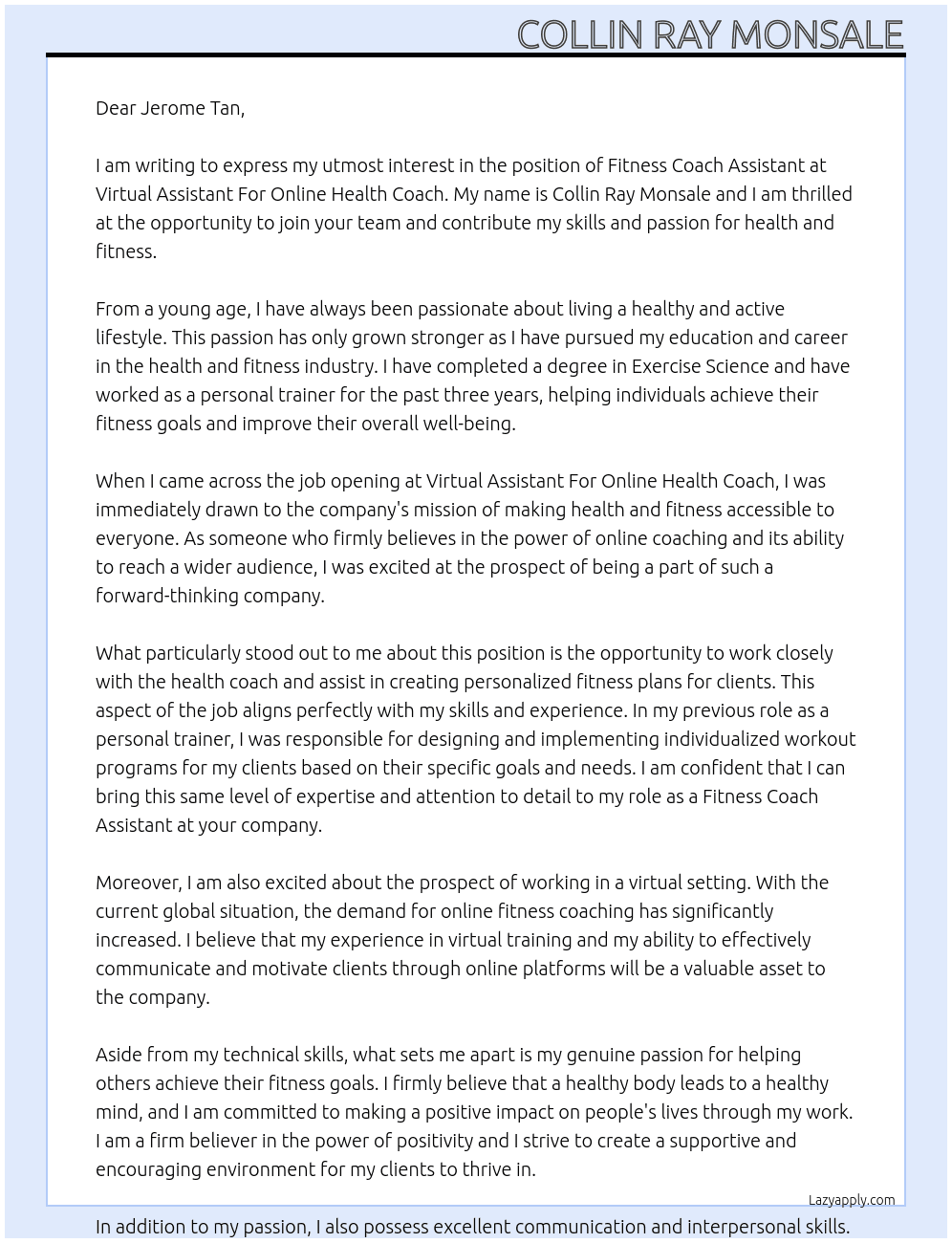 Fitness Coach Assistant At Virtual Assistant For Online Health Coach Cover Letter