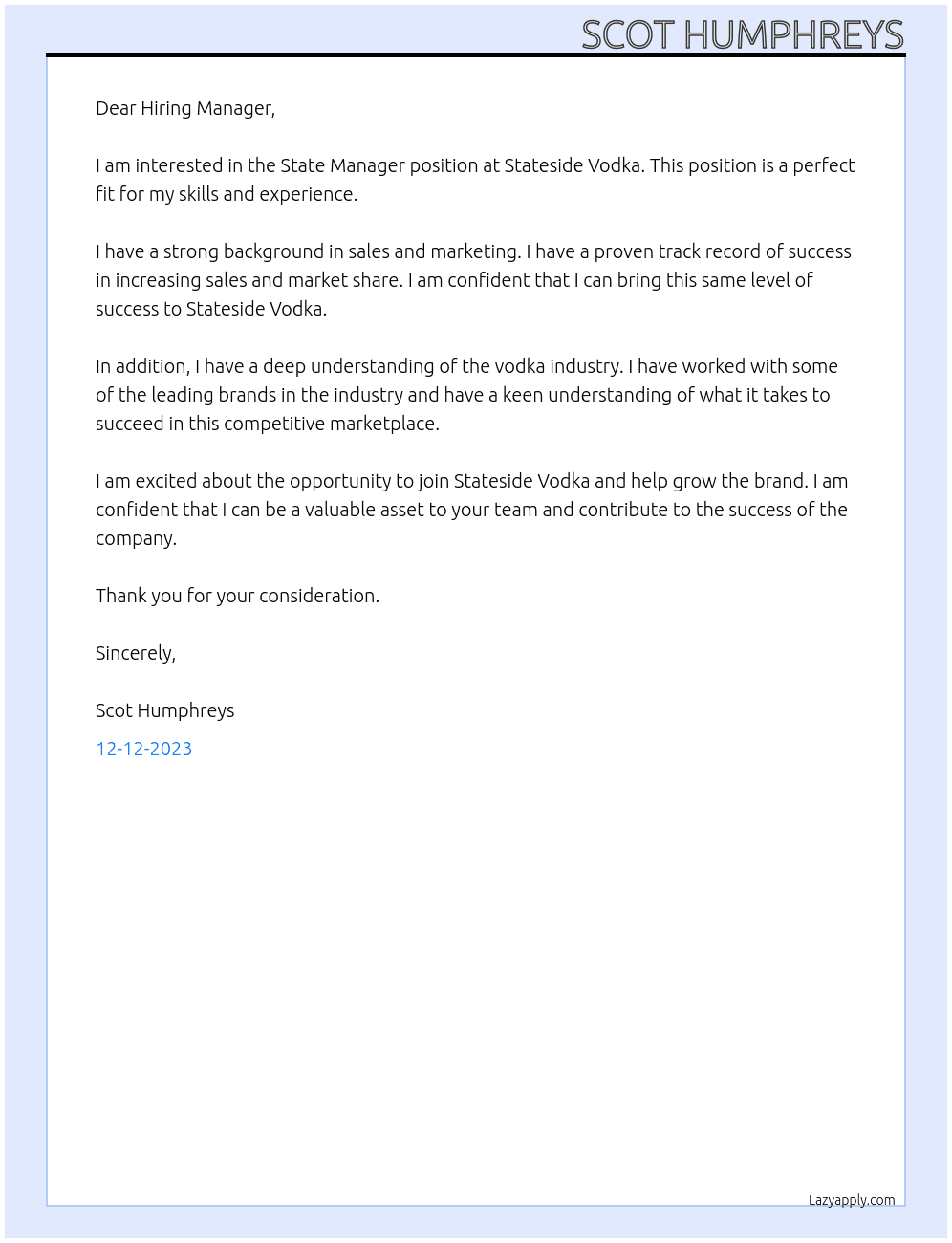 State Manager At Stateside Vodka Cover Letter