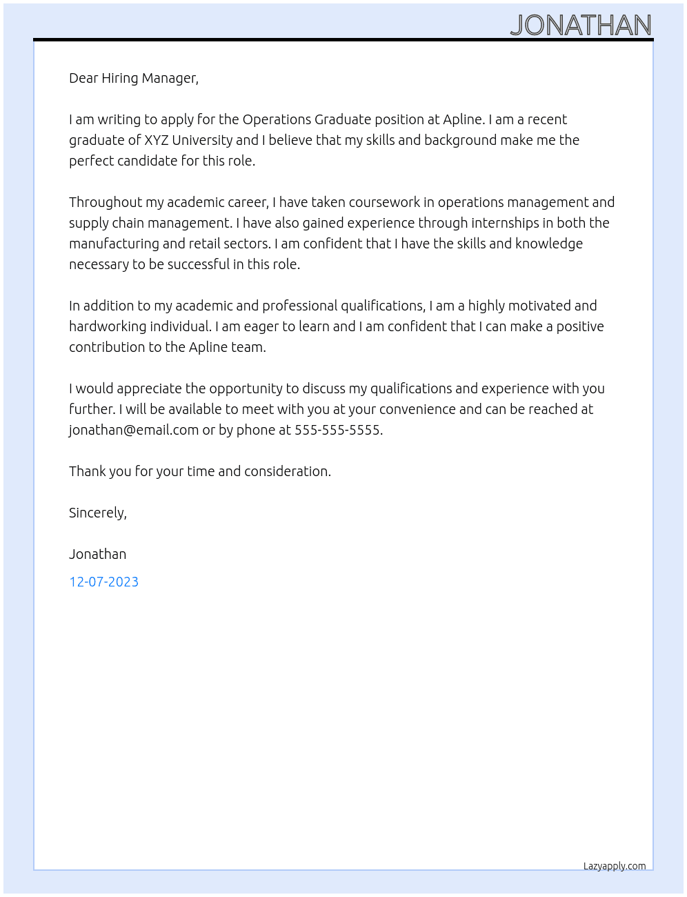 Cover letter for operations graduate - LazyApply