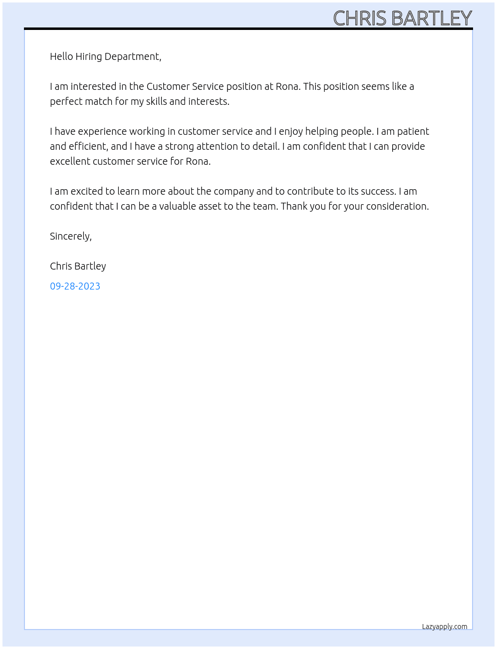 Customer Service At Rona Cover Letter