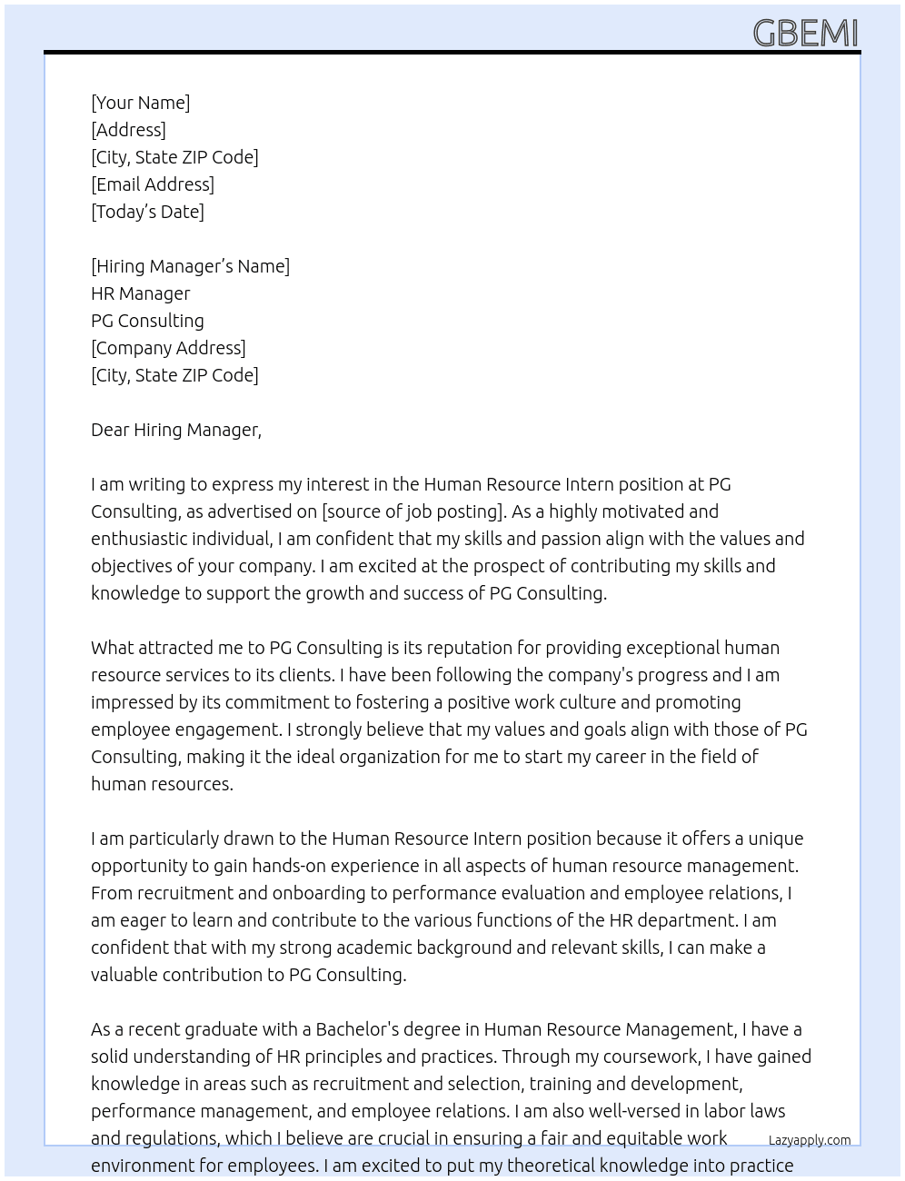 Human Resource Intern  At PG Consulting  Cover Letter