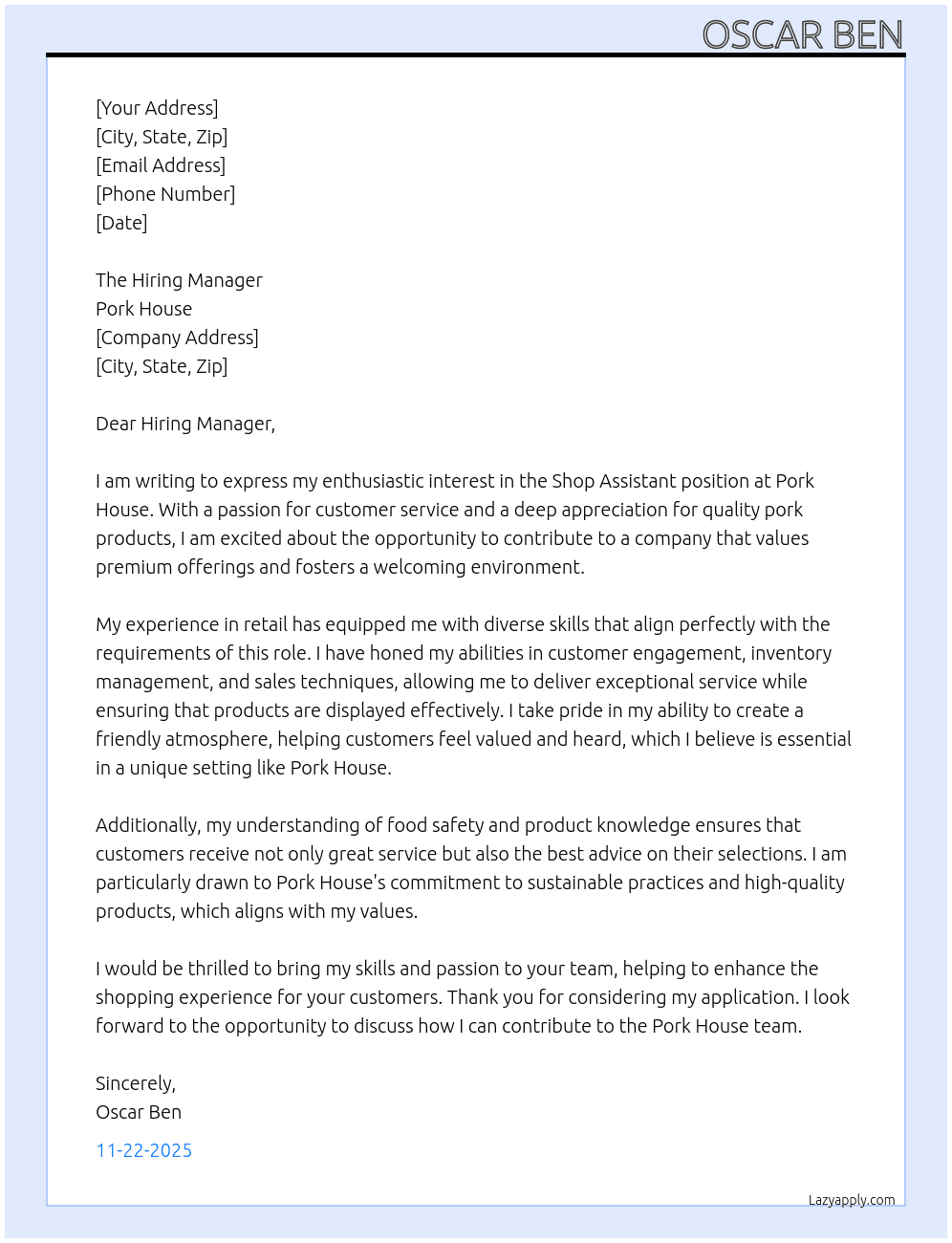 Shop Assistant  At Pork house  Cover Letter