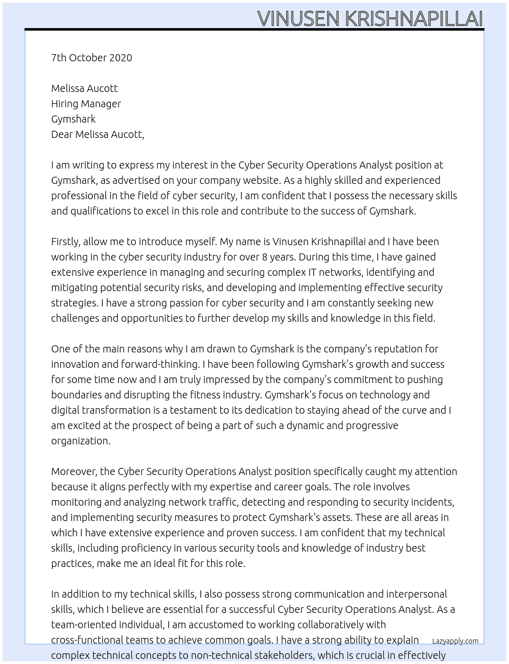 Cyber Security Operations Analyst At Gymshark Cover Letter