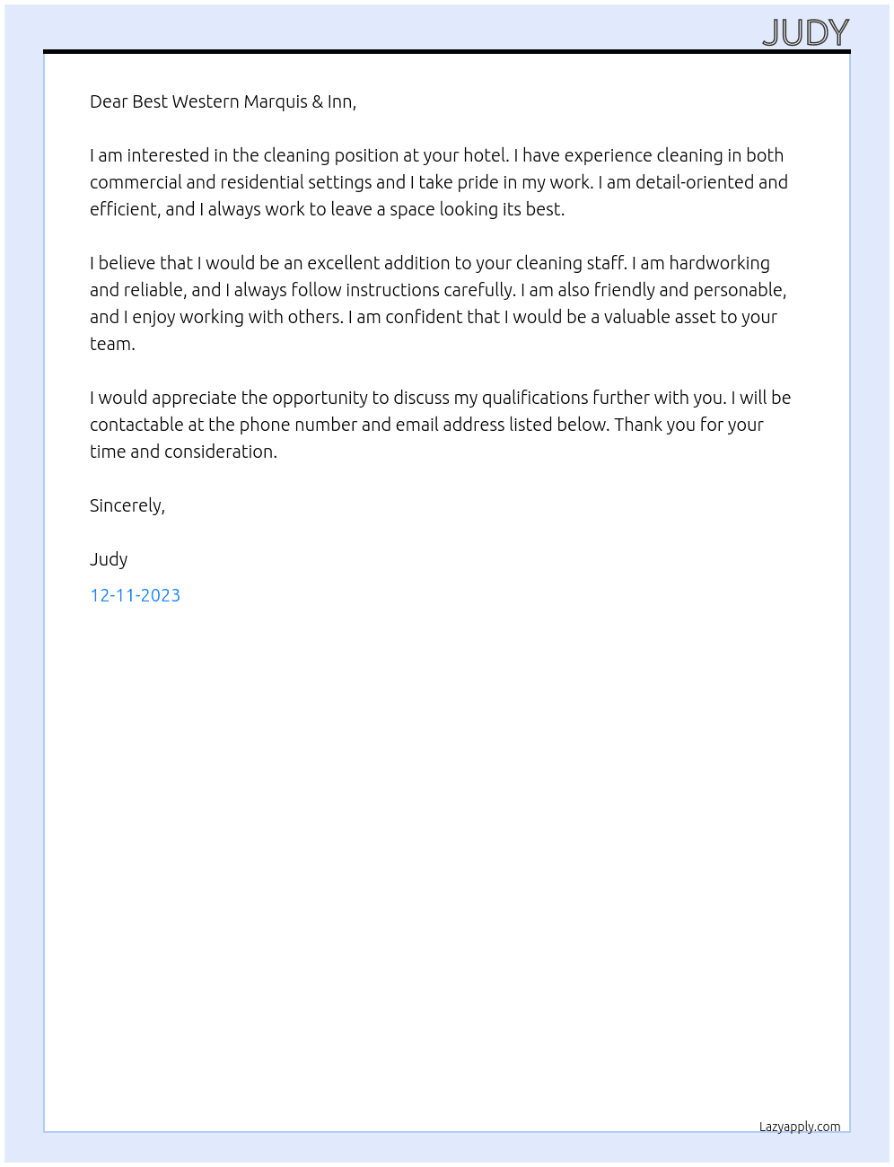 Cleaner At Best Western Marquis & Inn Cover Letter