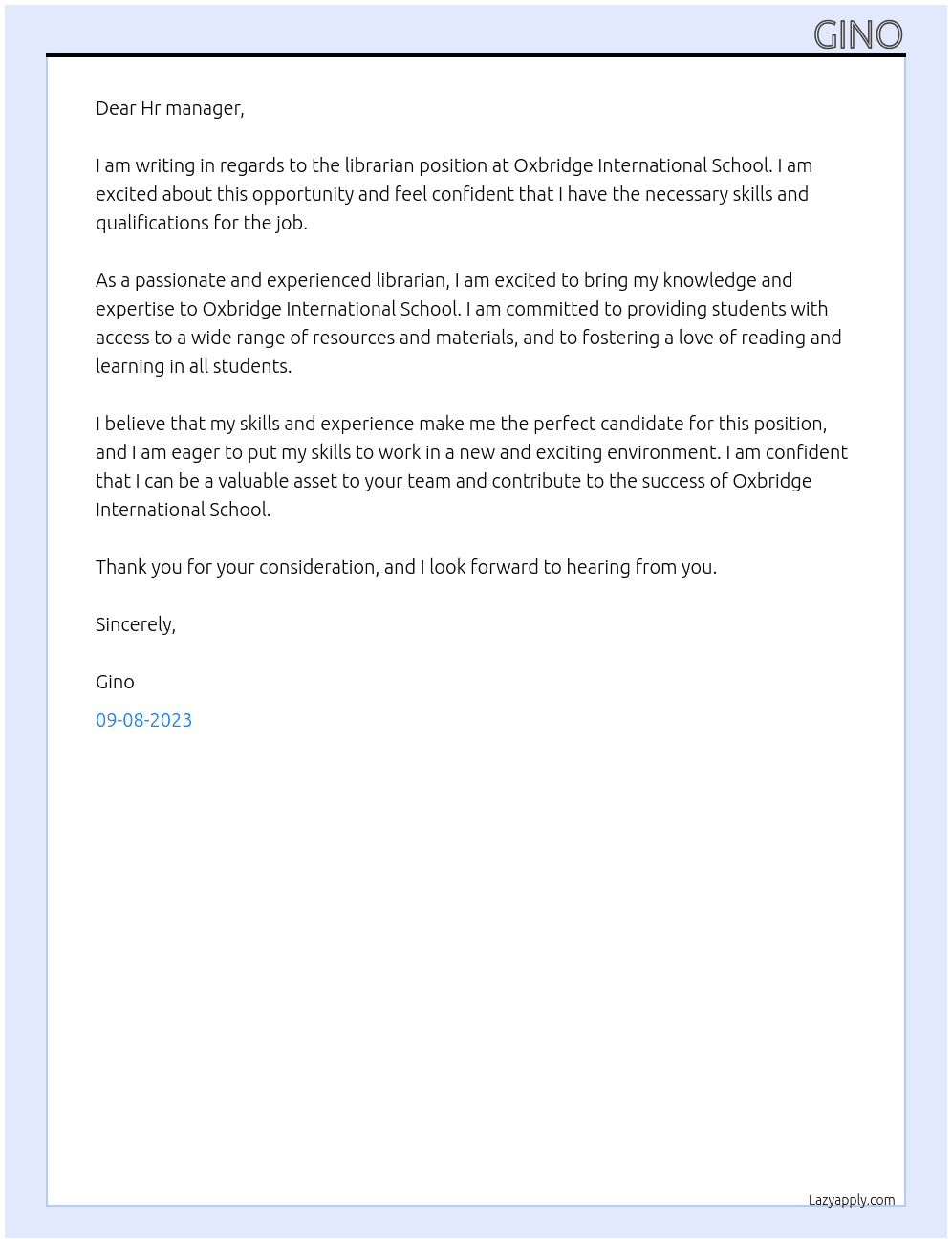 librarian At Oxbridge International School Cover Letter