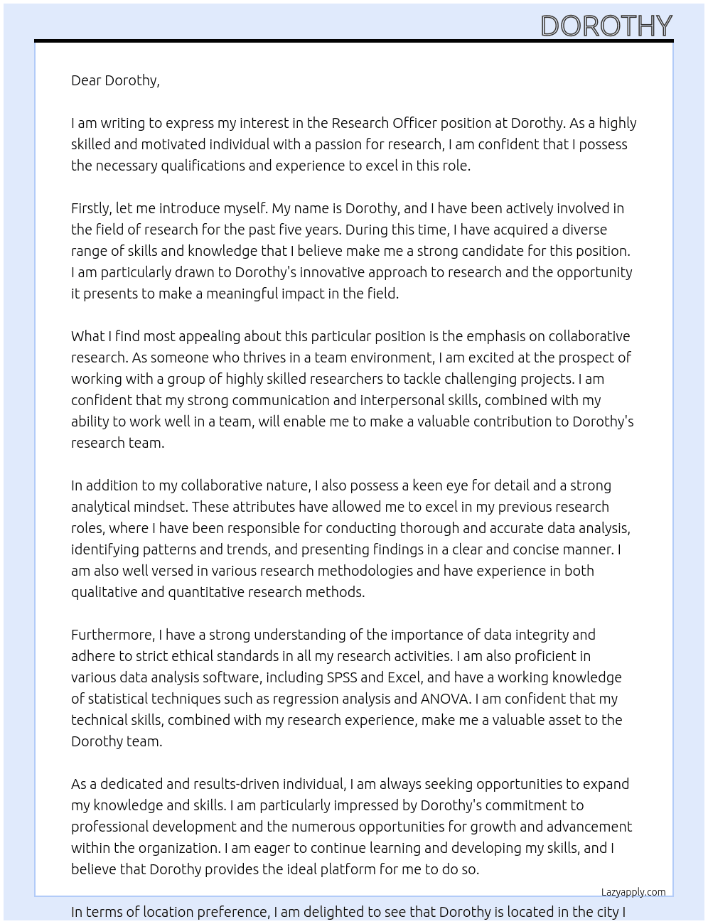 Research Officer At Dorothy Cover Letter