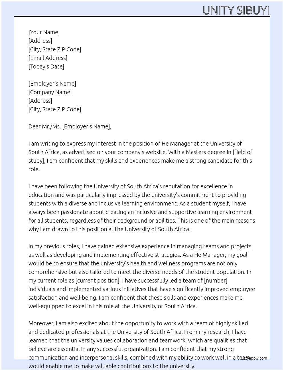 Masters degree  At University of South Africa  Cover Letter