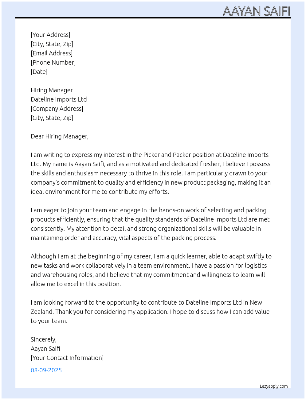 Picker and packer  At Dateline Imports Ltd Cover Letter