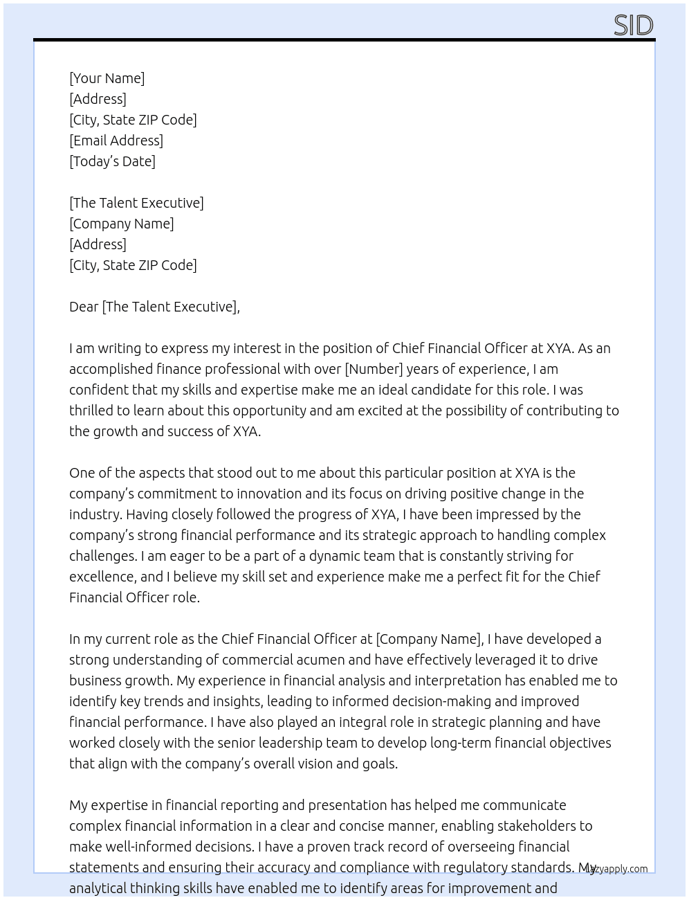 Chief Financial Officer At XYA Cover Letter