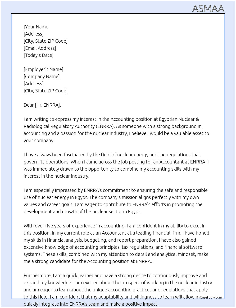 Accounting At Egyption Nuclear & Radiological Regulatory Authority Cover Letter